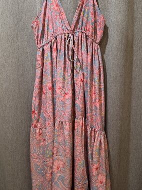 Sleeveless Pink Floral Maxi Dress with Drawstring Waist
